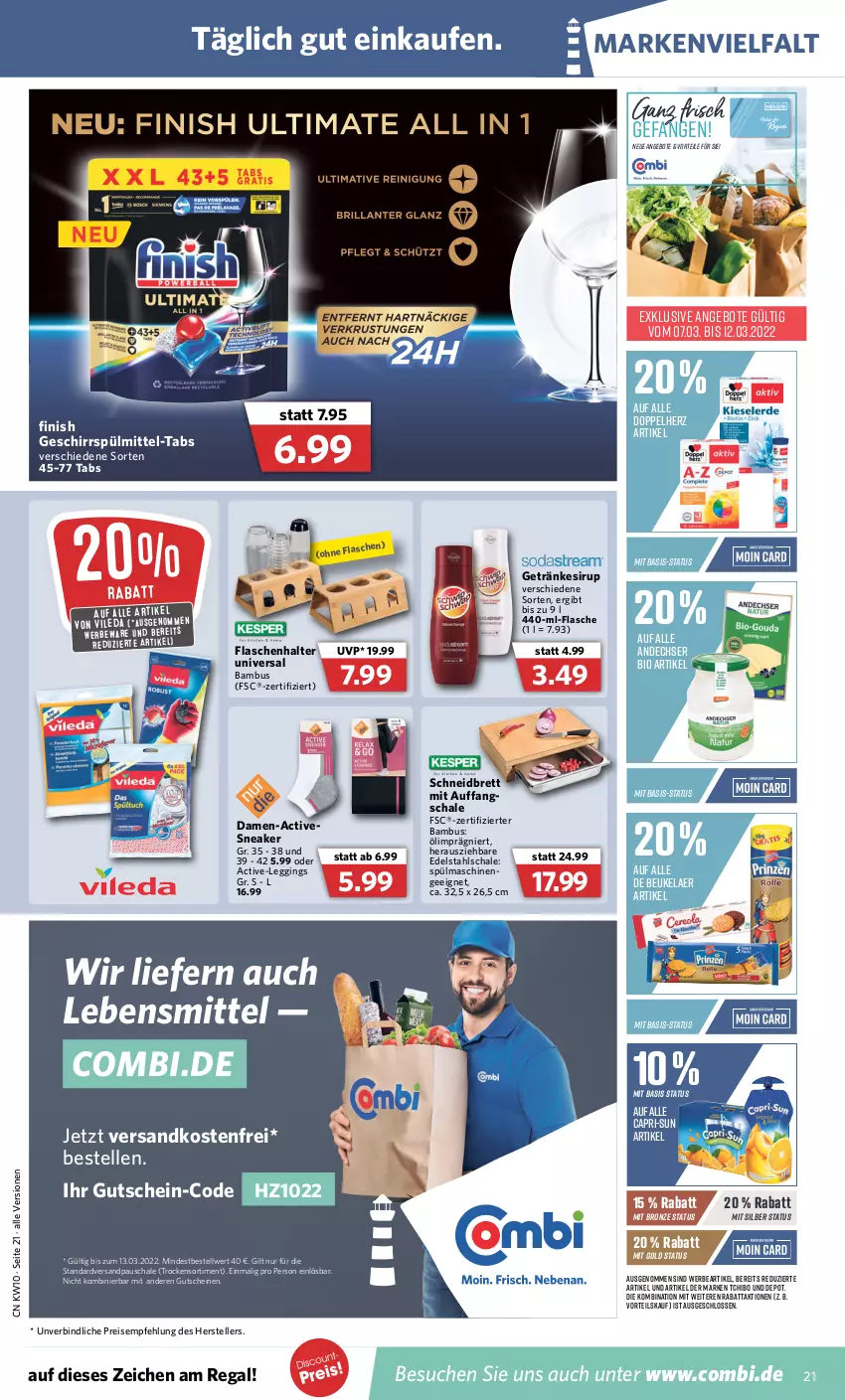 Aktueller Prospekt Combi - Prospekte - von 07.03 bis 12.03.2022 - strona 21 - produkty: angebot, angebote, bambus, bio, Cap, capri-sun, de beukelaer, doppelherz, edelstahl, eis, elle, Finish, flasche, geschirr, getränk, getränke, getränkesirup, gin, gutschein, gutscheine, lebensmittel, leggings, ndk, regal, reis, Schal, Schale, sirup, sneaker, spülmaschinen, spülmittel, Tchibo, teller, Ti, versandkostenfrei, vileda