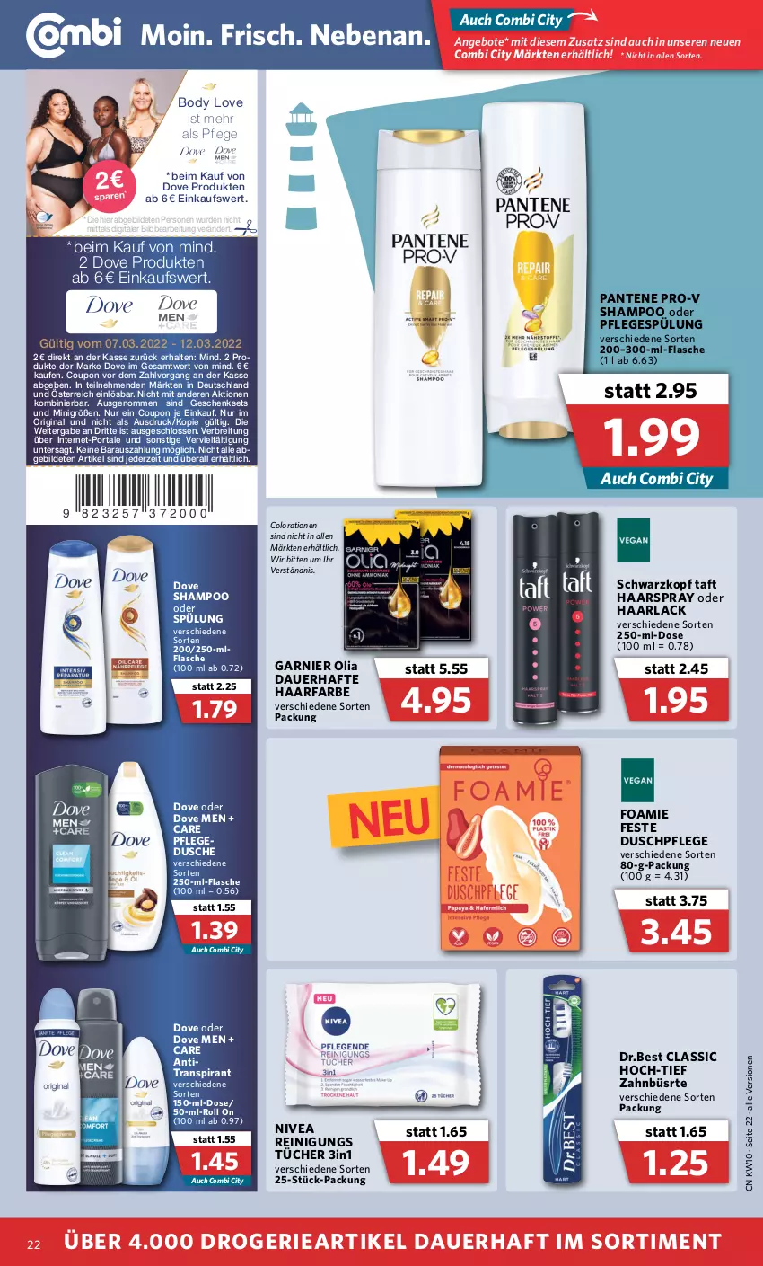 Aktueller Prospekt Combi - Prospekte - von 07.03 bis 12.03.2022 - strona 22 - produkty: angebot, angebote, Antitranspirant, arla, auer, body, Brei, Colorationen, coupon, dove, dusche, flasche, garnier, geschenkset, gin, Haarlack, haarspray, HP, lack, nivea, pantene, pantene pro-v, Pflegespülung, pro-v, Reinigung, schwarzkop, schwarzkopf, shampoo, shampoo oder spülung, spülung, Taft, Ti, tücher