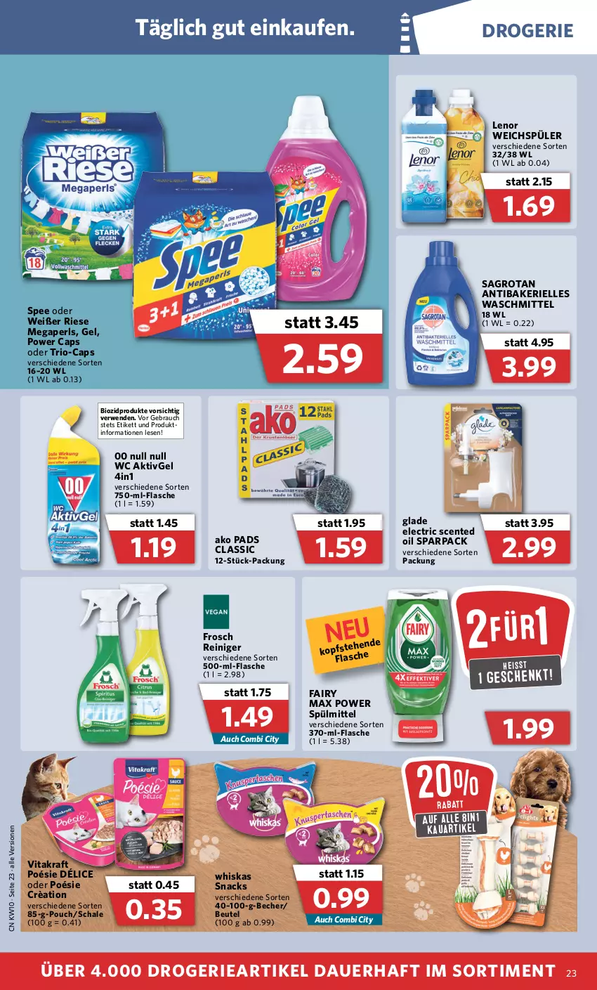 Aktueller Prospekt Combi - Prospekte - von 07.03 bis 12.03.2022 - strona 23 - produkty: auer, Becher, beutel, bio, biozidprodukte, Cap, eis, elle, ente, fairy, flasche, Frosch, Glade, kraft, lenor, lenor weichspüler, megaperls, Rauch, reiniger, rwe, sagrotan, Schal, Schale, snack, snacks, spee, spülmittel, Ti, vita, vitakraft, waschmittel, weichspüler, whiskas