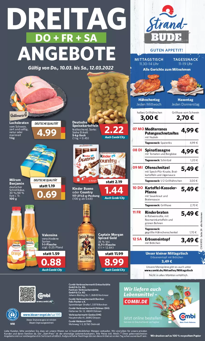 Aktueller Prospekt Combi - Prospekte - von 07.03 bis 12.03.2022 - strona 24 - produkty: angebot, angebote, auer, axe, Berger, Bergkäse, bohne, bohnen, braten, brötchen, Cap, captain morgan, deutscher schnittkäse, drucker, eintopf, eis, elle, Engel, erbsen, erde, felix, fisch, fische, Fischer, flasche, Gegrillte Hähnchenschenkel, geschnetzeltes, grill, grillhähnchen, grillhaxe, hähnchenschenkel, Haxe, henkel, kartoffel, kartoffeln, Käse, kasseler, kerze, Kinder, kinder bueno, Kraut, lachs, Lachsbraten, lasagne, lebensmittel, leine, milram, natur, nudel, nudeln, Ofen, papier, pfanne, pute, Putengeschnetzeltes, Rauch, reis, rind, rinder, rinderbraten, rosmarin, rotwein, sac, saft, sauce, Sauerkraut, schenkel, schnittkäse, schnitzel, schwein, snack, Soße, spareribs, Speck, speisekartoffeln, spinat, Ti, tisch, tomate, tomaten, topf, uhr, valensina, wein, Zelt