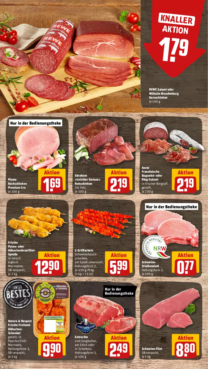 Aktueller Prospekt Rewe - Prospekte - von 19.06 bis 24.06.2023 - strona 4 - produkty: baguette, Bau, bauchscheiben, brustfilet, chili, entrecôte, filet, filets, grill, grillfackeln, hähnchenbrust, hähnchenbrustfilet, hähnchenschenkel, henkel, joghur, joghurt, jungbullen, kernschinken, kochschinken, kotelett, marinade, natur, nuss, paprika, pute, ring, rohschinken, salami, schenkel, schinken, schwein, schweine, schweine-filet, Schweinebauch, schweinebauchscheiben, Ti, wein, weine, WICK