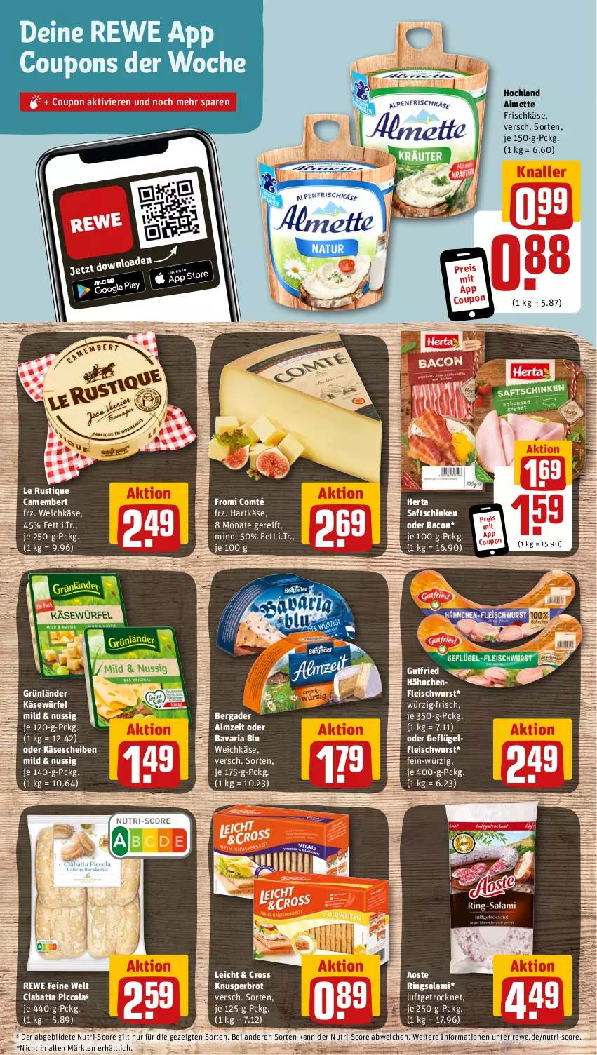 Aktueller Prospekt Rewe - Prospekte - von 19.06 bis 24.06.2023 - strona 5 - produkty: almette, bacon, bavaria blu, bergader, brot, camembert, ciabatta, cola, comté, coupon, coupons, eis, fleisch, fleischwurst, frischkäse, Geflügel, grünländer, gutfried, Hähnchenfleisch, hartkäse, herta, hochland, Käse, käsescheiben, Le Rustique, Mett, nuss, reis, rewe feine welt, Ria, ring, saft, saftschinken, salami, schinken, Ti, weichkäse, würfel, wurst