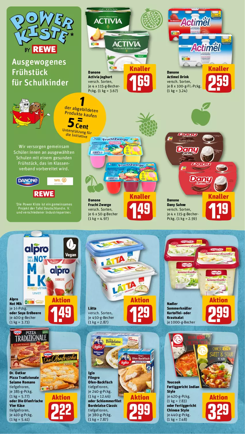 Aktueller Prospekt Rewe - Prospekte - von 19.06 bis 24.06.2023 - strona 6 - produkty: actimel, actimel drink, activia, activia joghurt, alpro, backfisch, Becher, beere, bordelaise, danone, danone actimel drink, danone activia, Dany, dany sahne, die ofenfrische, Dr. Oetker, drink, erdbeere, fertiggericht, filegro, filet, fisch, frucht, iglo, joghur, joghurt, kartoffel, Käse, Kinder, Kraut, krautsalat, lätta, nadler, Ofen, ofen-backfisch, pizza, pizza tradizionale, sahne, salame romano, salat, schlemmerfilet, soya, Ti, tradizionale, Yo, YouCook