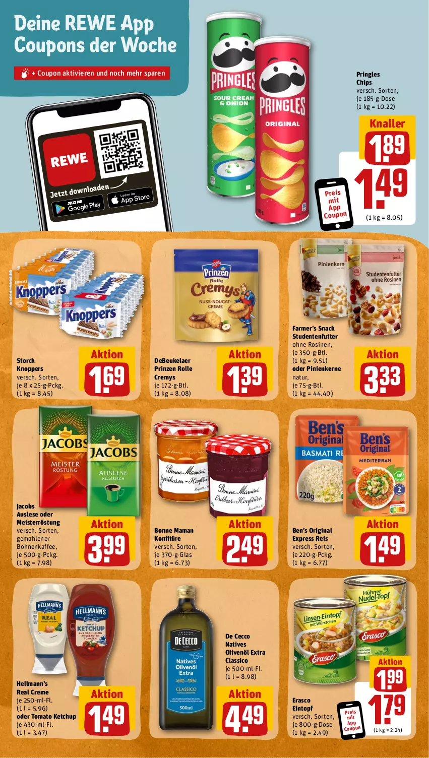 Aktueller Prospekt Rewe - Prospekte - von 19.06 bis 24.06.2023 - strona 7 - produkty: Ben’s Original, bohne, bohnen, bohnenkaffee, bonne maman, chips, classico, coupon, coupons, creme, cremys, De Cecco, debeukelaer, ecco, eintopf, eis, ente, erasco, gemahlener bohnenkaffee, gin, jacobs, kaffee, ketchup, knoppers, konfitüre, mam, Meister, meisterröstung, natives olivenöl, natur, olive, oliven, olivenöl, olivenöl extra, pinienkerne, pringles, prinzen rolle, reis, ring, snack, storck, studentenfutter, Ti, tomato ketchup, topf