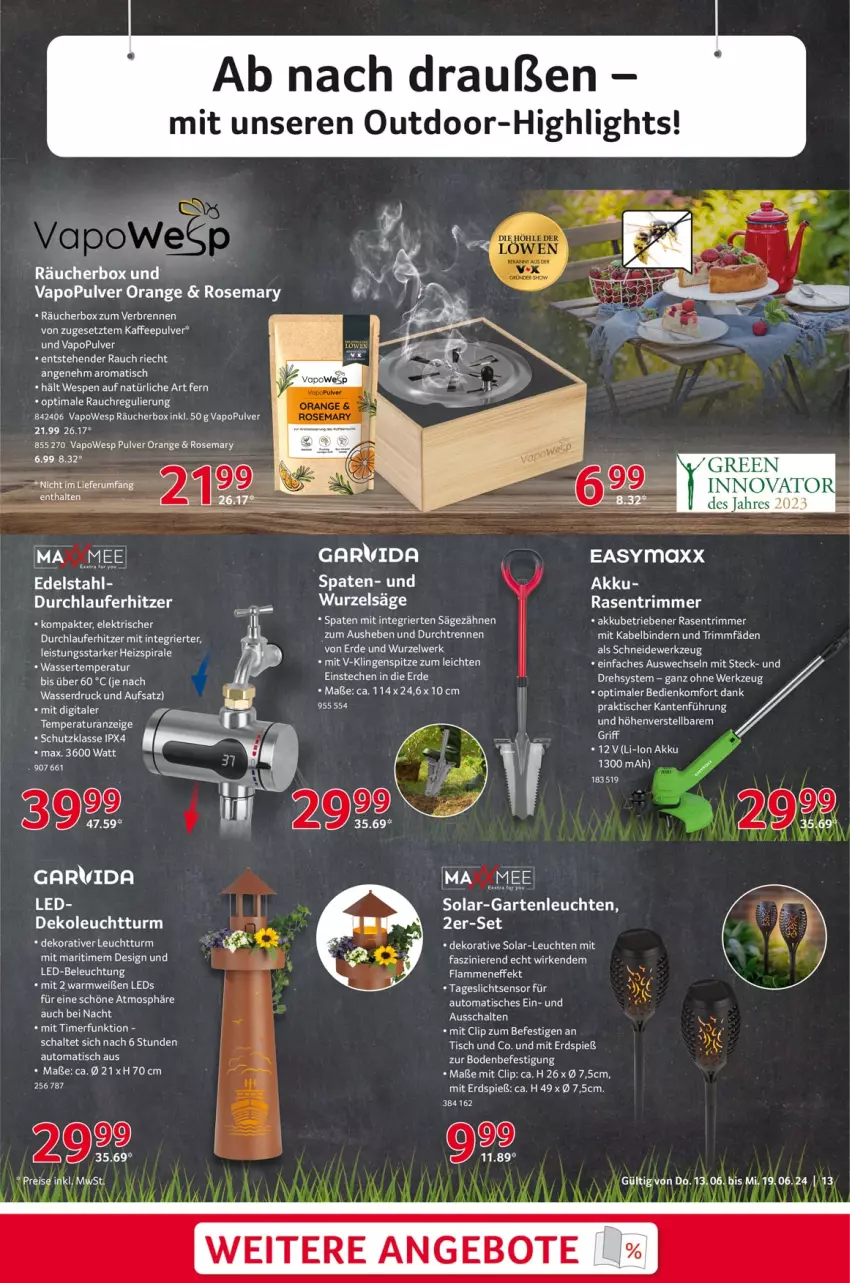 Aktueller Prospekt Selgros - Non Food - von 13.06 bis 19.06.2024 - strona 13 - produkty: akku, angebot, angebote, auto, easymaxx, edelstahl, erde, Kette, lamm, Leuchte, leuchten, orange, rasen, rasentrimmer, Rauch, rum, säge, Schal, Spaten, Ti, tisch, wasser, werkzeug, Yo