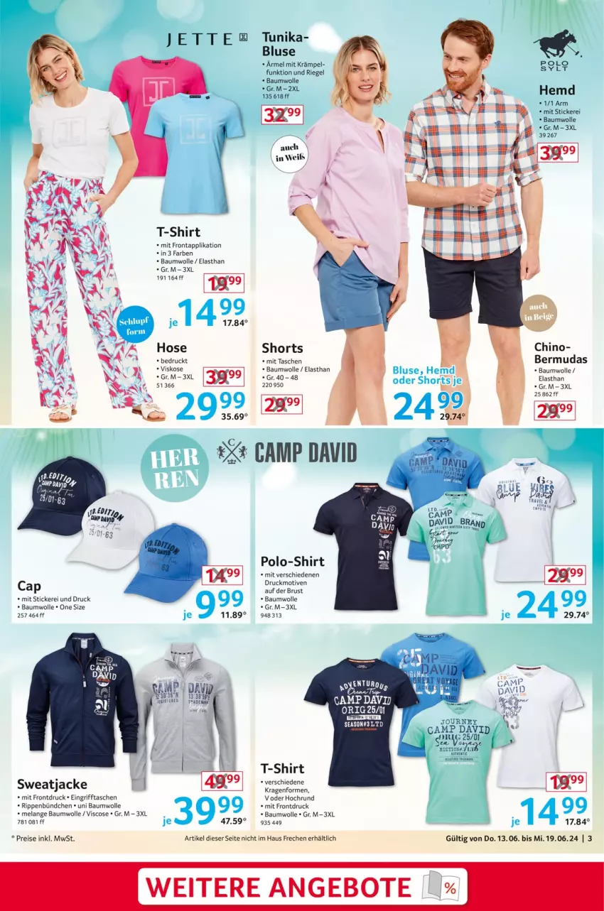 Aktueller Prospekt Selgros - Non Food - von 13.06 bis 19.06.2024 - strona 3 - produkty: angebot, angebote, Bau, baumwolle, bermuda, bermudas, bluse, eis, Elan, hemd, hose, Jacke, Polo-Shirt, reis, riegel, Rippen, shirt, shorts, sweatjacke, T-Shirt, Tasche, taschen, tee, Ti, tunika, wolle