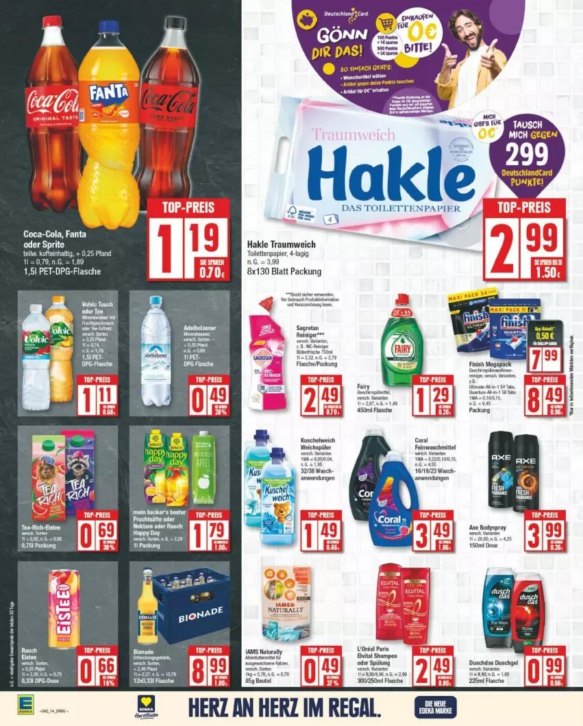 Aktueller Prospekt Edeka - Prospekte - von 14.10 bis 19.10.2024 - strona 14 - produkty: beutel, body, bodyspray, coca-cola, cola, duschdas, duschgel, fanta, flasche, hakle, Kuschelweich, natur, natura, papier, Rauch, reiniger, rwe, sagrotan, shampoo, spülung, weichspüler