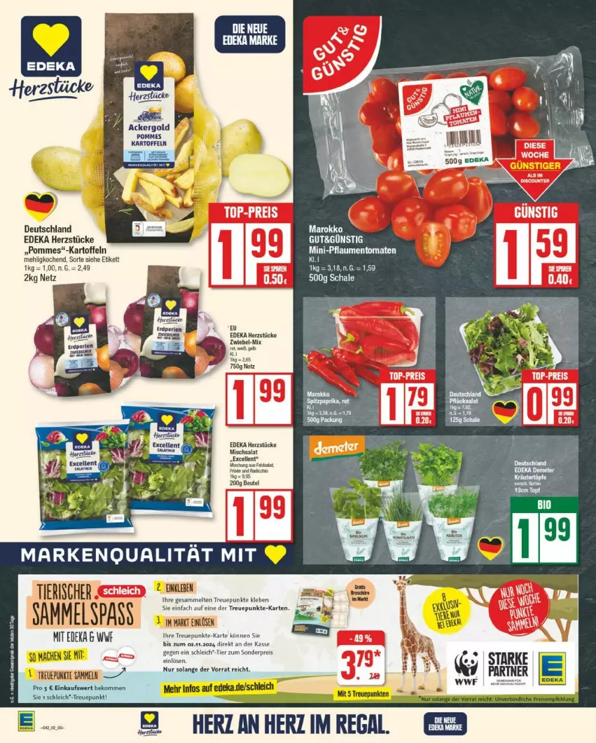 Aktueller Prospekt Edeka - Prospekte - von 14.10 bis 19.10.2024 - strona 2 - produkty: beko, deka, eis, kartoffel, kartoffeln, mac, mehl, pflaume, pflaumen, pommes, regal, reis, salat, Schleich, Ti, tomate, tomaten, zwiebel