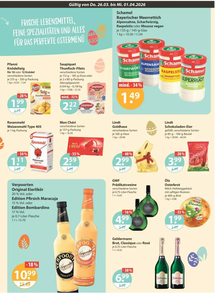 Aktueller Prospekt Vmarkt - Prospekte - von 26.03 bis 01.04.2026 - strona 15 - produkty: beutel, brot, brut, eier, eierlikör, filet, filets, fisch, flasche, geldermann, gin, Hefe, Knödel, Knödelteig, likör, lindt, maracuja, meerrettich, mehl, milch, mousse, pfanni, pfirsich, pfirsich maracuja, Rettich, rosen, Rosenmehl, saft, sahne, saupiquet, schamel, schoko, schokolade, schokoladen, thunfisch, Ti, type 405, verpoorten, wein, weine, weizenmehl