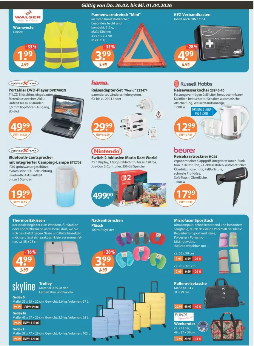 Aktueller Prospekt Vmarkt - Prospekte - von 26.03 bis 01.04.2026 - strona 17 - produkty: adapter, akku, auto, Bau, beleuchtung, beurer, bluetooth-lautsprecher, dvd, eis, haartrockner, hama, kfz-verbandkasten, Kocher, kopfhörer, Lampe, lautsprecher, led-beleuchtung, Leuchte, ndk, reis, Roller, russell hobbs, Schal, Ti, tisch, Trockner, Verbandkasten, wasser, wasserkocher