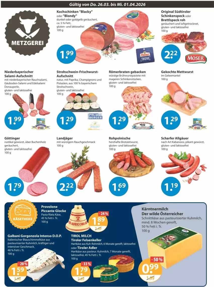 Aktueller Prospekt Vmarkt - Prospekte - von 26.03 bis 01.04.2026 - strona 2 - produkty: aufschnitt, braten, brot, Brühwurst, buch, champignon, champignons, Edelsalami, elle, galbani, geback, gelee, gewürz, gorgonzola, hartkäse, Holz, HP, intenso, kabanos, Käse, kochschinken, lack, landjäger, LG, mac, Mantel, Mett, mettwurst, milch, mit paprika, natur, paprika, pasta, pastete, pistazien, Provolone, Rauch, salami, schinken, schinkenspeck, schnittkäse, schwein, Speck, Ti, Tirol Milch, wein, Wild, wurst