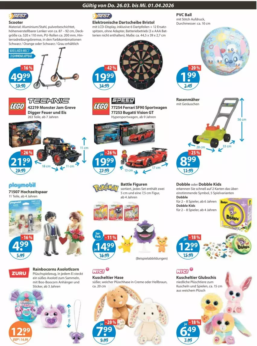 Aktueller Prospekt Vmarkt - Prospekte - von 26.03 bis 01.04.2026 - strona 23 - produkty: adapter, Anhänger, ball, batterie, beispielabbildung, braun, bugatti, creme, eis, Elektro, messer, monster, orange, playmobil, Plüsch, rasen, rasenmäher, Ria, scooter, Spiele, spielzeug, Sport, Ti, Tiere