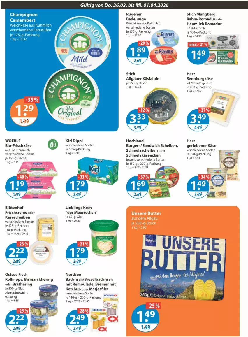 Aktueller Prospekt Vmarkt - Prospekte - von 26.03 bis 01.04.2026 - strona 4 - produkty: backfisch, Bad, Becher, Bergkäse, bio, bismarck, Blüte, brezel, burger, champignon, creme, dip, elle, filet, fisch, frischkäse, hering, Heu, heumilch, hochland, Käse, käsescheiben, ketchup, kiri, LG, matjes, Matjesfilet, meerrettich, milch, Nordsee, remoulade, Rettich, ring, rosen, Rügener, rügener badejunge, sandwich, Schmelzkäse, Ti, weichkäse