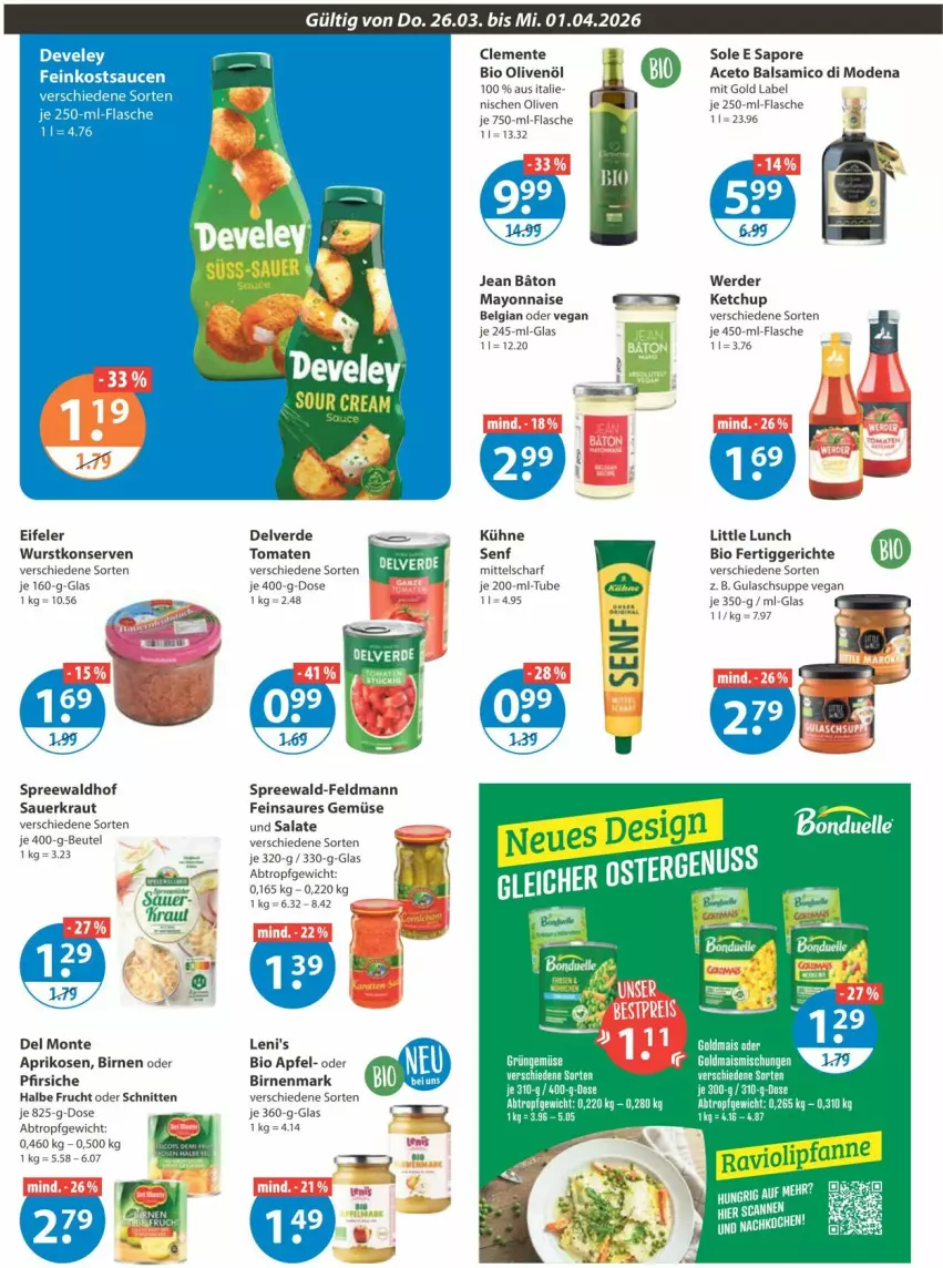 Aktueller Prospekt Vmarkt - Prospekte - von 26.03 bis 01.04.2026 - strona 6 - produkty: aceto, aceto balsamico, apfel, aprikose, aprikosen, balsam, balsamico, bestpreis, bio, Birnen, eis, ente, erde, fertiggericht, fertiggerichte, flasche, frucht, Goldmais, goldmais oder, gulasch, Gulaschsuppe, ketchup, Kühne, LG, mais, mayonnaise, Mode, olive, oliven, olivenöl, reis, salat, salate, schnitten, senf, spreewald-feldmann, suppe, Ti, tomate, tomaten, Yo