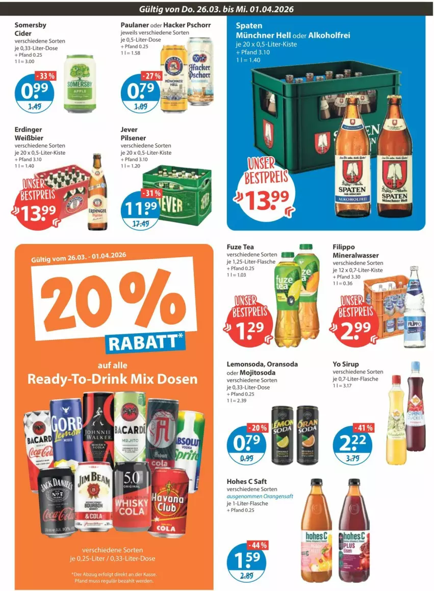 Aktueller Prospekt Vmarkt - Prospekte - von 26.03 bis 01.04.2026 - strona 9 - produkty: alkohol, Alwa, bier, cider, erdinger, flasche, fuze tea, hacker pschorr, Hohes C, je 1-liter-flasche, jever, jever pilsener, mineralwasser, mojito, orange, orangen, orangensaft, Paula, paulaner, pils, pilsener, saft, sirup, Soda, somersby, wasser, Yo