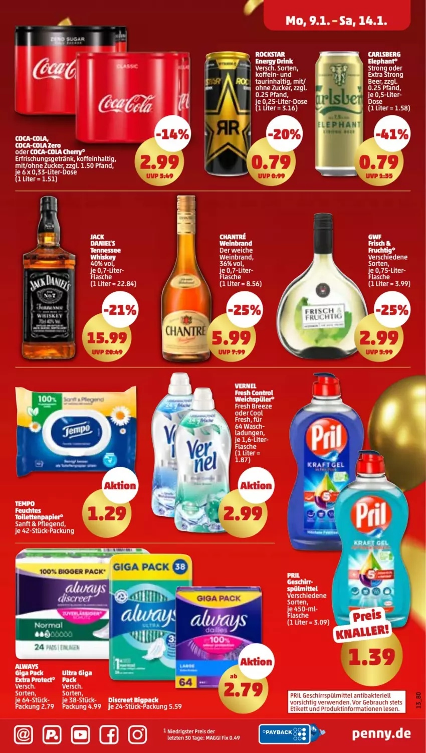 Aktueller Prospekt Penny - Prospekte - von 09.01 bis 14.01.2023 - strona 13 - produkty: carlsberg, coca-cola, cola, Discreet, eis, erfrischungsgetränk, feuchtes toilettenpapier, flasche, geschirr, geschirrspülmittel, getränk, maggi, maggi fix, papier, pril, Rauch, reis, rwe, spülmittel, tee, Ti, toilettenpapier, vernel, wein, weinbrand, ZTE, zucker