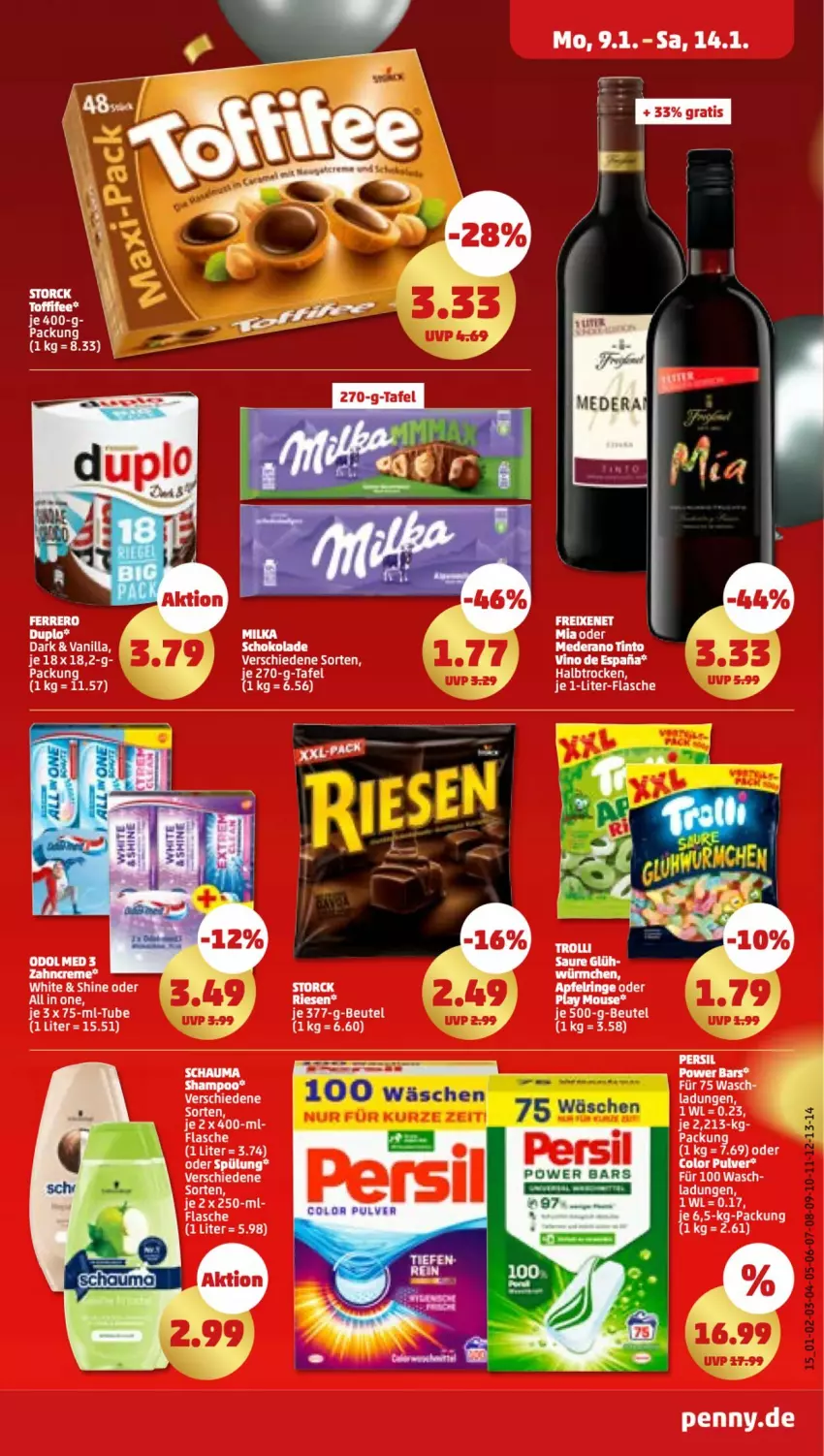 Aktueller Prospekt Penny - Prospekte - von 09.01 bis 14.01.2023 - strona 15 - produkty: beutel, duplo, ente, flasche, freixenet, je 1-liter-flasche, milka, persil, sac, schauma, schoko, schokolade, spülung, storck, tee, ZTE