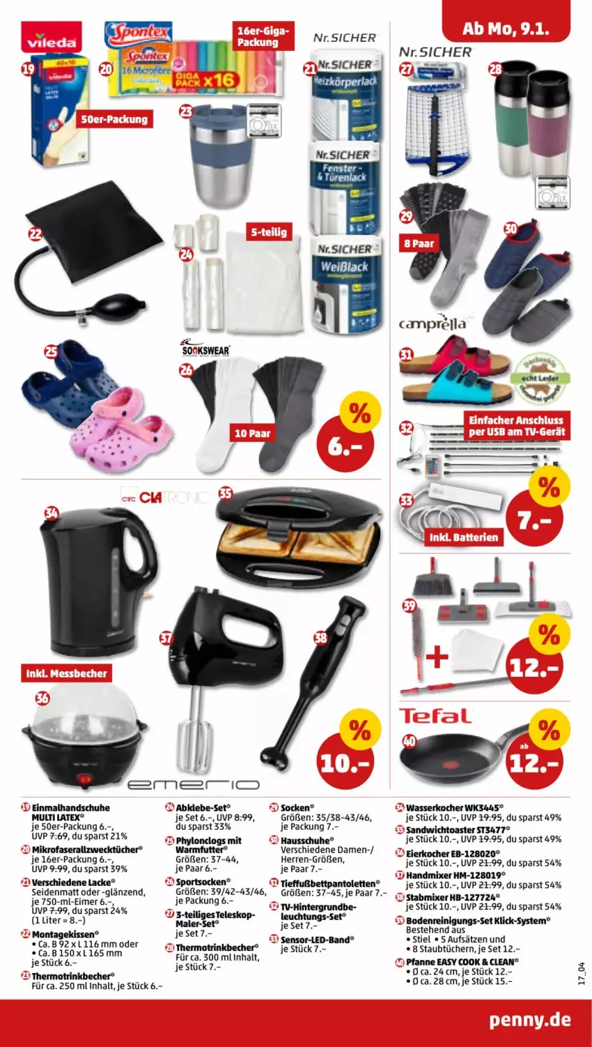 Aktueller Prospekt Penny - Prospekte - von 09.01 bis 14.01.2023 - strona 17 - produkty: Allzwecktücher, Becher, bett, Clogs, eier, Eierkocher, eimer, handmixer, handschuhe, Hausschuhe, Hylo, kissen, Kocher, lack, Lacke, mikrofaser, Mixer, pantolette, pantoletten, pfanne, Reinigung, sandwich, schuhe, socken, Sport, sportsocken, stabmixer, Teleskop, Ti, toast, toaster, trinkbecher, tücher, wasser, wasserkocher, weck