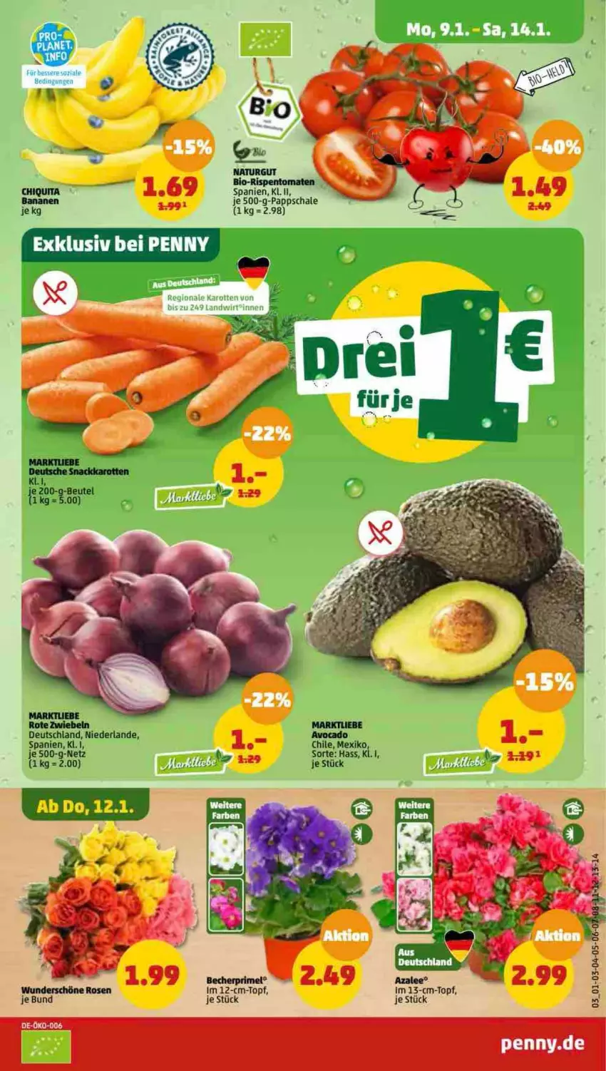 Aktueller Prospekt Penny - Prospekte - von 09.01 bis 14.01.2023 - strona 3 - produkty: avocado, bio, natur, rispentomaten, Rote Zwiebel, Schal, Schale, Ti, tomate, tomaten, topf, zwiebel, zwiebeln