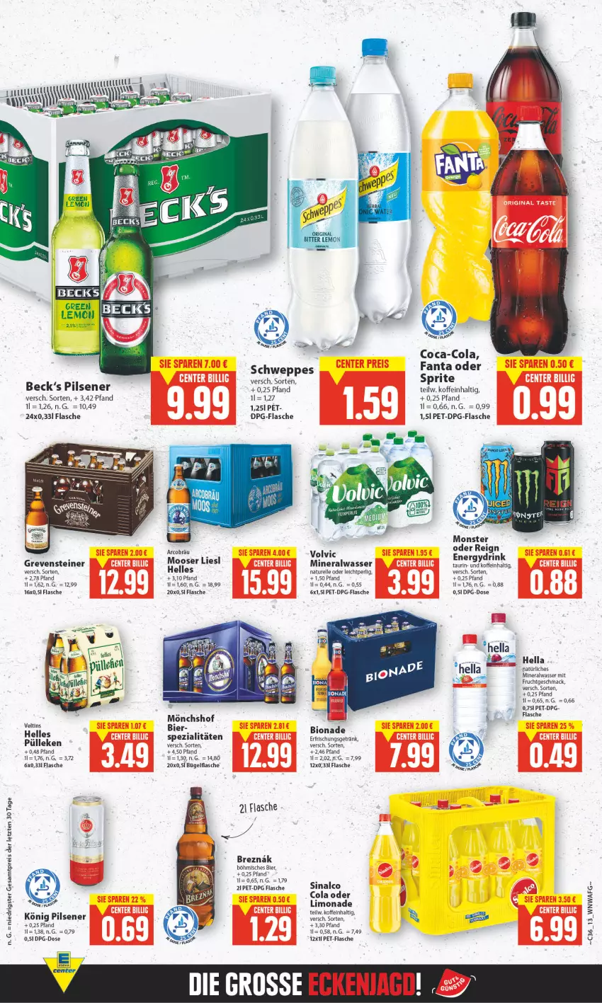 Aktueller Prospekt E Center - Angebote der Woche - von 29.08 bis 03.09.2022 - strona 11 - produkty: Alwa, bier, bio, bionade, bügel, bügelflasche, coca-cola, cola, drink, elle, erfrischungsgetränk, flasche, frucht, getränk, grevensteiner, hella, könig pilsener, limo, limonade, mac, mineralwasser, mit frucht, mönchshof, monster, natur, natürliches mineralwasser, pet-flasche, pils, pilsener, rel, sinalco, Spezi, steiner, Ti, volvic, wasser