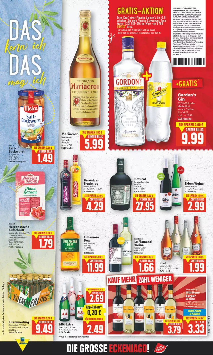 Aktueller Prospekt E Center - Angebote der Woche - von 29.08 bis 03.09.2022 - strona 12 - produkty: aufschnitt, berentzen, Brei, coupon, dry gin, eis, flasche, frucht, gin, gordon, gordon's, irish whiskey, kräuter, kräuterlikör, kuemmerling, LG, likör, london dry, london dry gin, mariacron, merl, mm extra, rasen, reis, rel, Ria, rwe, sac, salami, schinken, schweppes, sekt, Ti, tonic, tonic water, tullamore, wein, weinbrand, weine, whiskey, ZTE