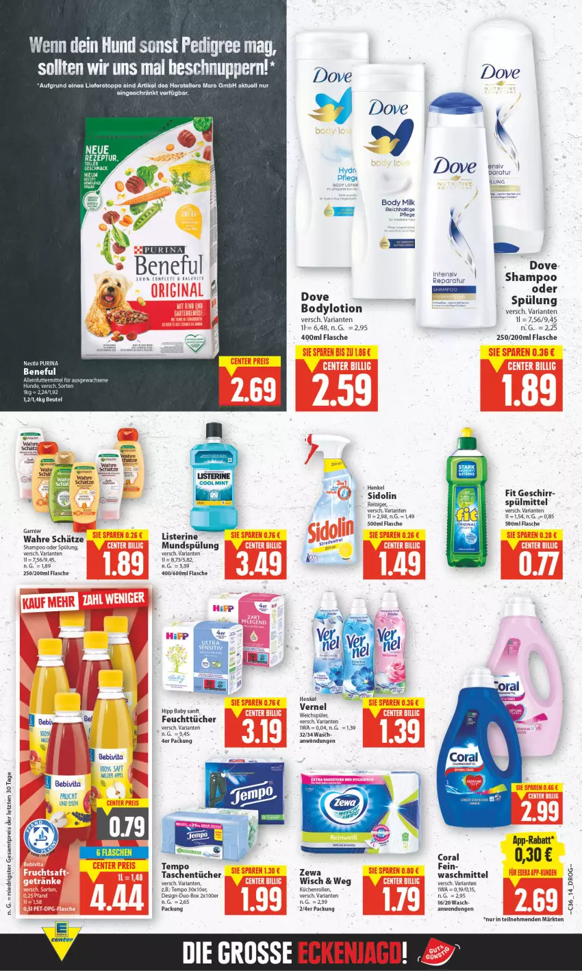 Aktueller Prospekt E Center - Angebote der Woche - von 29.08 bis 03.09.2022 - strona 13 - produkty: apfel, arla, bebivita, body, body milk, bodylotion, colorwaschmittel, Coral, dove, eis, elle, flasche, garnier, geschirr, henkel, hipp, küche, Küchen, küchenrolle, küchenrollen, listerine, Lotion, mac, mars, mundspülung, olive, purina, reiniger, reis, Ria, saft, shampoo, shampoo oder spülung, sidolin, spülmittel, spülung, Tasche, taschen, taschentücher, teller, Tempo, Ti, tücher, vernel, vita, Wahre Schätze, waschmittel, weichspüler, zewa, ZTE