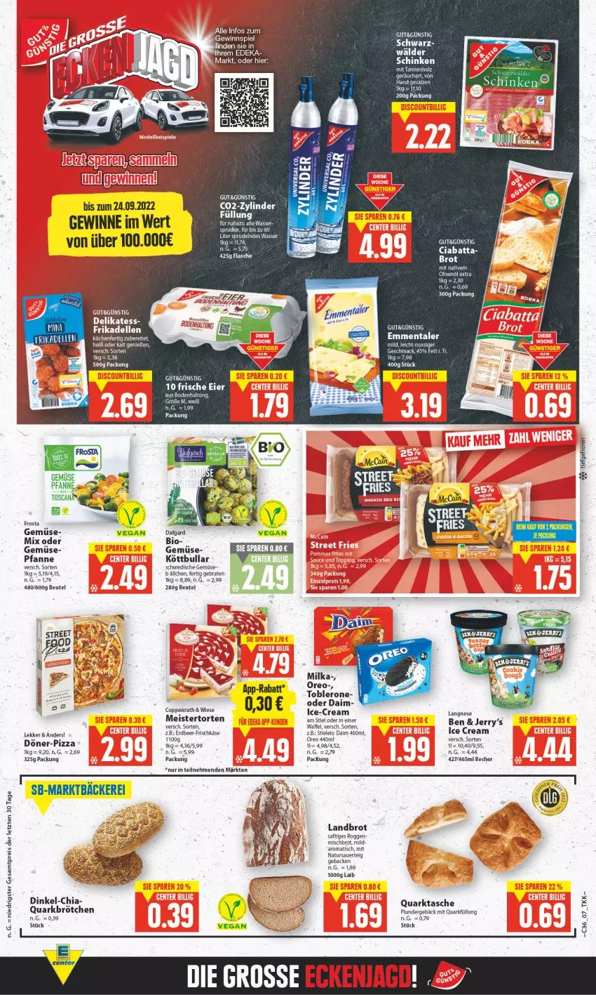 Aktueller Prospekt E Center - Angebote der Woche - von 29.08 bis 03.09.2022 - strona 7 - produkty: auer, Becher, beutel, bio, braten, brot, brötchen, chia, ciabatta, daim, deka, dell, eis, elle, emmentaler, flasche, frikadellen, frischkäse, frosta, geback, gewinnspiel, Holz, Käse, Köttbullar, küche, Küchen, langnese, mac, Meister, milka, natur, olive, oliven, olivenöl, olivenöl extra, oreo, pfanne, pizza, Plunder, quark, reis, saft, salz, schinken, Sprudel, stieleis, Tasche, Ti, tisch, toblerone, torte, wasser, ZTE