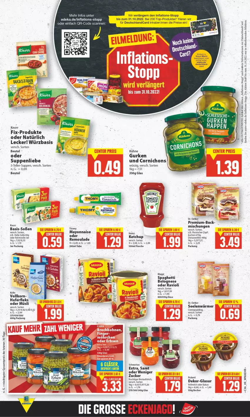 Aktueller Prospekt E Center - Angebote der Woche - von 29.08 bis 03.09.2022 - strona 9 - produkty: aufstrich, Becher, beutel, bolognese, brot, brotaufstrich, buch, creme, deka, deutschlandcard, Donauwellen, Dr. Oetker, eis, elle, flasche, frucht, gurke, gurken, hafer, haferfleks, heinz, kakao, ketchup, knorr, knorr fix, kölln, korn, kuchen, Kühne, mayonnaise, milch, müsli, pudding, ravioli, reis, remoulade, Schwartau, Soße, spaghetti, spaghetti bolognese, suppe, suppen, suppenliebe, teller, thomy, Ti, vollmilch, Yo, ZTE, zucker