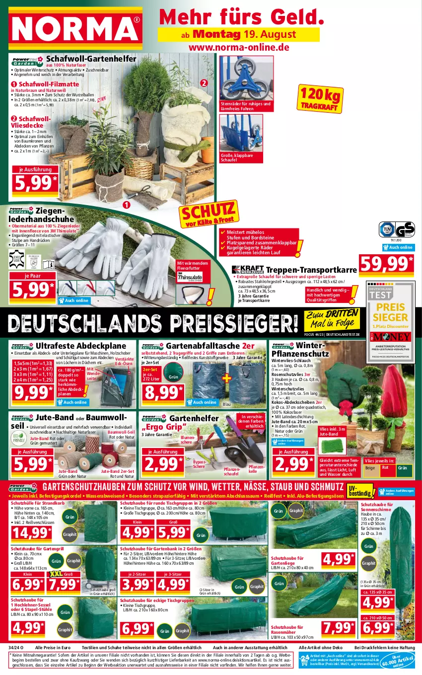 Aktueller Prospekt Norma - Norma - von 19.08 bis 26.08.2024 - strona 1 - produkty: abdeckplane, asti, ball, Bank, Bau, Bebe, blume, blumen, braun, Brei, decke, eis, elle, Garten, gartenbank, gartenliege, gin, grill, handschuhe, Holz, kokos, korb, kraft, krone, Kugel, leine, LG, Liege, Meister, natur, ndk, pflanze, pflanzen, quad, rasen, rasenmäher, reis, reiss, Ria, rosen, rwe, Schere, schirme, schlauch, schuhe, schutzhülle, sessel, sonnenschirm, Sport, strandkorb, Stühl, Tasche, Ti, Tiere, tisch, tragegriff, transportkarre, wasser, Winterschutz