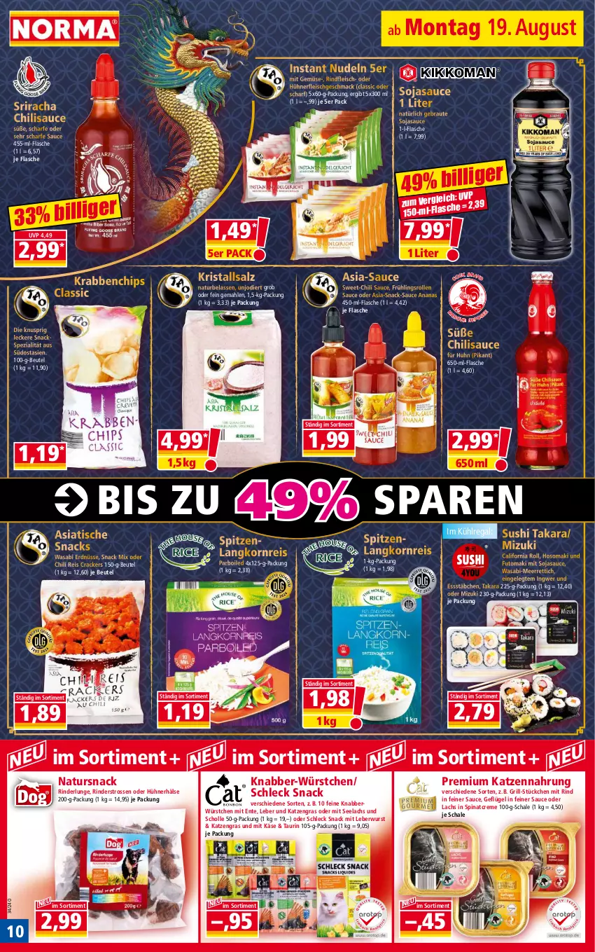 Aktueller Prospekt Norma - Norma - von 19.08 bis 26.08.2024 - strona 10 - produkty: ananas, beutel, chili, chips, cracker, creme, eis, ente, erdnüsse, flasche, fleisch, Geflügel, grill, hühner, ingwer, Käse, katzennahrung, korn, Kristallsalz, kühlregal, lachs, Langkornreis, leberwurst, mac, meerrettich, mit gemüse, natur, nerf, nudel, nudeln, regal, reis, Rettich, rind, rinder, rindfleisch, salz, sauce, Schal, Schale, scholl, snack, snacks, soja, sojasauce, Spezi, spinat, Sriracha, Sushi, Ti, tisch, wasa, wurst, würstchen