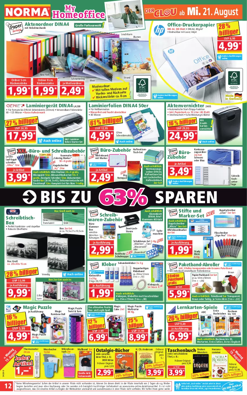 Aktueller Prospekt Norma - Norma - von 19.08 bis 26.08.2024 - strona 12 - produkty: Aktenvernichter, auer, auto, ball, Bau, Bauer, Beba, Bebe, Becher, blume, blumen, braun, Brei, brie, buch, din a4, drucker, eis, elle, ente, fasermaler, Fineliner, gin, Klammern, kleber, korb, Kugel, kugelschreiber, laminat, lamm, LG, Messbecher, Mett, mikrofaser, monster, ndk, office, ordner, Packband, papier, Puzzle, reifen, reis, ring, Roller, rwe, Schmetterling, schreibtisch, schreibwaren, Spiele, stifte, Tasche, taschen, Taschenbuch, thermometer, Ti, Tiere, tisch, tuc, wasser, Yo, zentis