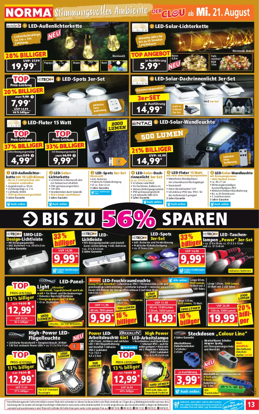 Aktueller Prospekt Norma - Norma - von 19.08 bis 26.08.2024 - strona 13 - produkty: adapter, akku, angebot, Arbeitsleuchte, auer, Außenlichterkette, Bank, batterie, batterien, Bau, Bebe, Bewegungssensor, Birnen, braun, bügel, decke, deka, eis, elle, fernbedienung, gin, Kette, Kugel, lachs, ladekabel, Lampe, LED-Fluter, leds, Leuchte, LG, lichterkette, ndk, Papaya, powerbank, Rauch, reis, Ria, Schal, steckdose, Steckdosenleiste, Tasche, taschen, Ti, tisch, usb, wandhalterung, wasser, ZTE