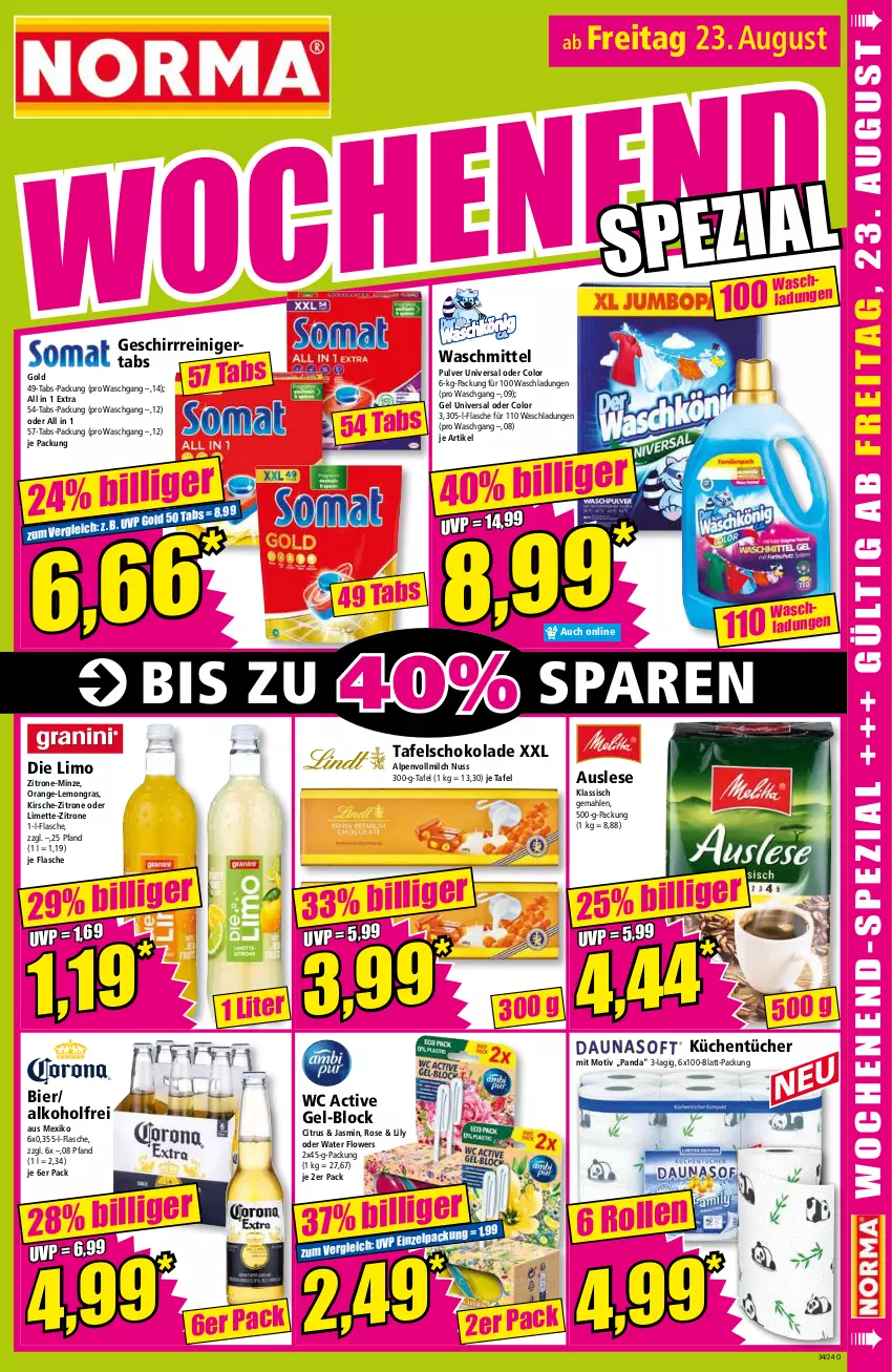 Aktueller Prospekt Norma - Norma - von 19.08 bis 26.08.2024 - strona 15 - produkty: alkohol, bier, citrus, flasche, Flowers, geschirr, kirsch, kirsche, küche, Küchen, küchentücher, limette, limo, Mett, milch, minze, nuss, orange, reiniger, schoko, schokolade, tafelschokolade, Ti, tücher, vollmilch, waschmittel, zitrone