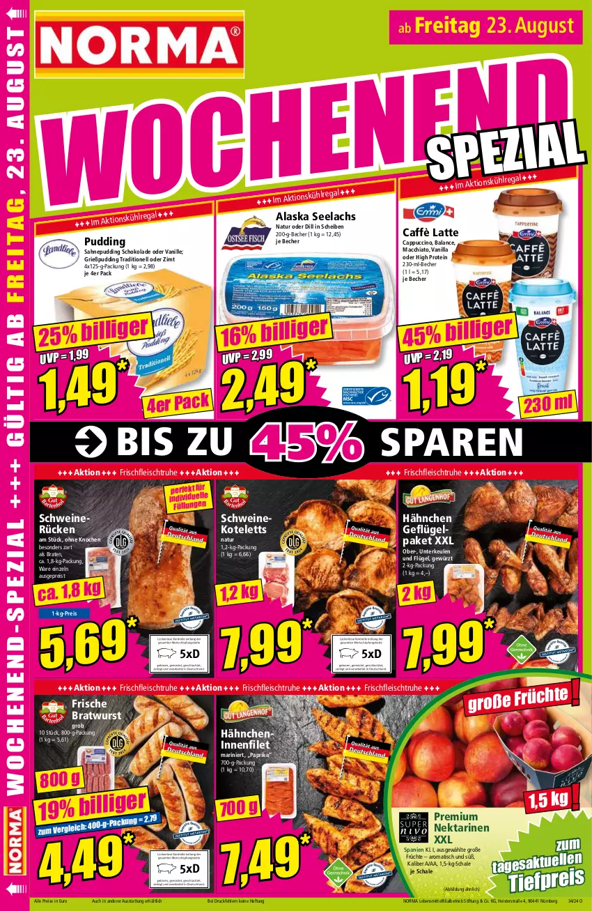 Aktueller Prospekt Norma - Norma - von 19.08 bis 26.08.2024 - strona 16 - produkty: ACC, Becher, braten, bratwurst, caffè latte, Cap, cappuccino, chia, cin, eis, filet, fleisch, früchte, Geflügel, gewürz, Grießpudding, kotelett, lachs, latte, lebensmittel, mac, macchiato, natur, Nektar, nektarinen, paprika, pudding, regal, reis, sahne, Schal, Schale, schoko, schokolade, schwein, schweine, schweinekotelett, schweinerücken, Ti, tiefpreis, tisch, vanille, wein, weine, wurst