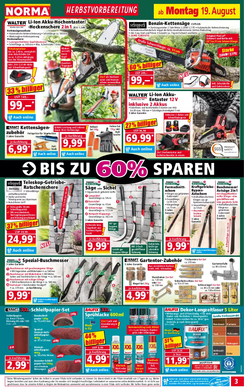 Aktueller Prospekt Norma - Norma - von 19.08 bis 26.08.2024 - strona 3 - produkty: akku, Akku-Hochentaster, arla, auer, auto, Bau, Bebe, Brille, eis, elle, ente, Garten, gin, heckenschere, Holz, Kette, kraft, lack, lack matt, Lacke, ladegerät, LG, messer, ndk, nuss, papier, reis, riegel, rwe, säge, Schere, Schleifpapier, schnellladegerät, schnitten, schrauben, Schutzbrille, Spezi, Sprühlack, Tasche, Teleskop, Ti, tisch, werkzeug