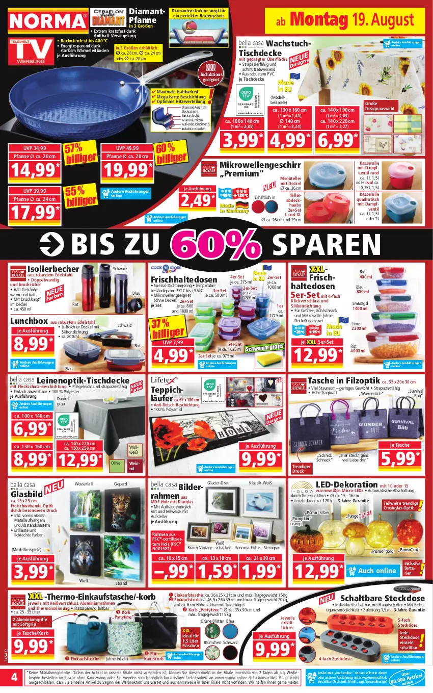 Aktueller Prospekt Norma - Norma - von 19.08 bis 26.08.2024 - strona 4 - produkty: abdeckhaube, auer, auto, backofen, batterie, batterien, Bebe, Becher, bilderrahmen, braun, bügel, decke, Deckel, dekoration, dell, edelstahl, einkaufskorb, Einkaufstasche, eis, elle, flasche, frischhaltedosen, geschirr, getränk, getränke, gin, Glasbild, Holz, isolierbecher, korb, kraft, kühlschrank, Läufer, leds, leine, lunchbox, mikrowelle, Mode, ndk, Ofen, olive, orange, pfanne, quad, reis, ring, Schal, Schrank, schwamm, Spezi, Spiele, steckdose, Tasche, teller, teppich, Ti, Tiere, timer, tisch, tischdecke, tuc, Tüte, wachstuch, wasser, wein