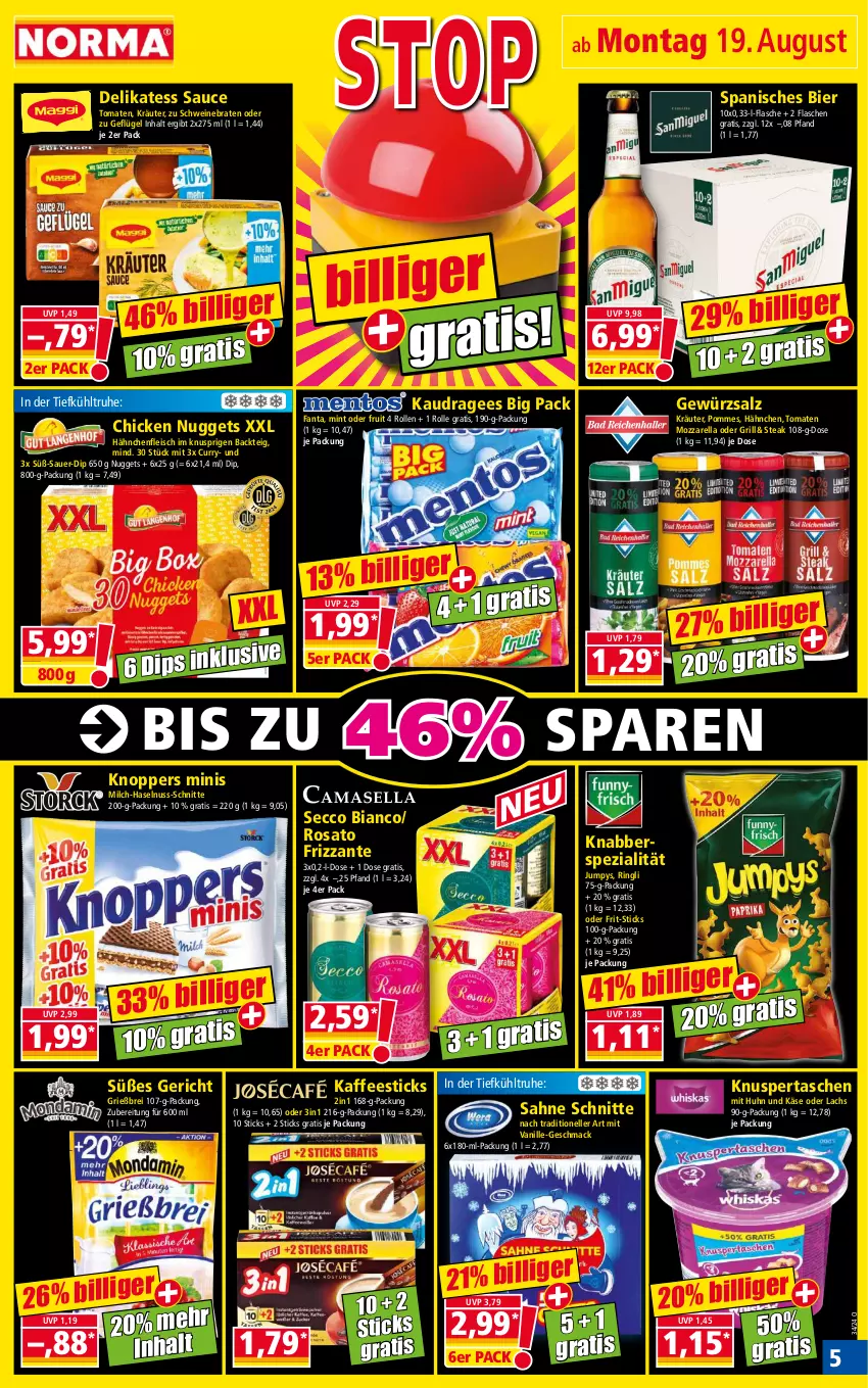 Aktueller Prospekt Norma - Norma - von 19.08 bis 26.08.2024 - strona 5 - produkty: auer, bier, braten, Brei, chicken nuggets, curry, delikatess sauce, dip, ecco, eis, elle, fanta, flasche, fleisch, Frit-Sticks, frizzante, Geflügel, gewürz, gewürzsalz, grill, Hähnchenfleisch, haselnuss, kaffee, Käse, knoppers, kräuter, lachs, mac, milch, mint, mozzarella, nuggets, nuss, pommes, rel, ring, rosato, sahne, salz, sauce, schwein, schweine, schweinebraten, Spezi, steak, Tasche, taschen, Ti, tomate, tomaten, vanille, wein, weine