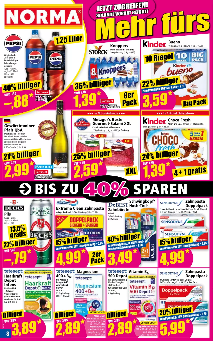 Aktueller Prospekt Norma - Norma - von 19.08 bis 26.08.2024 - strona 8 - produkty: bio, bürste, Calcium, choco fresh, eis, erfrischungsgetränk, flasche, frucht, getränk, gewürz, gin, haselnuss, K2, knoppers, kraft, kühlregal, magnesium, Mantel, milch, nuss, pasta, pfeffer, pils, regal, riegel, salami, Ti, vita, Vitamin B, zahnbürste, zahnpasta, zucker