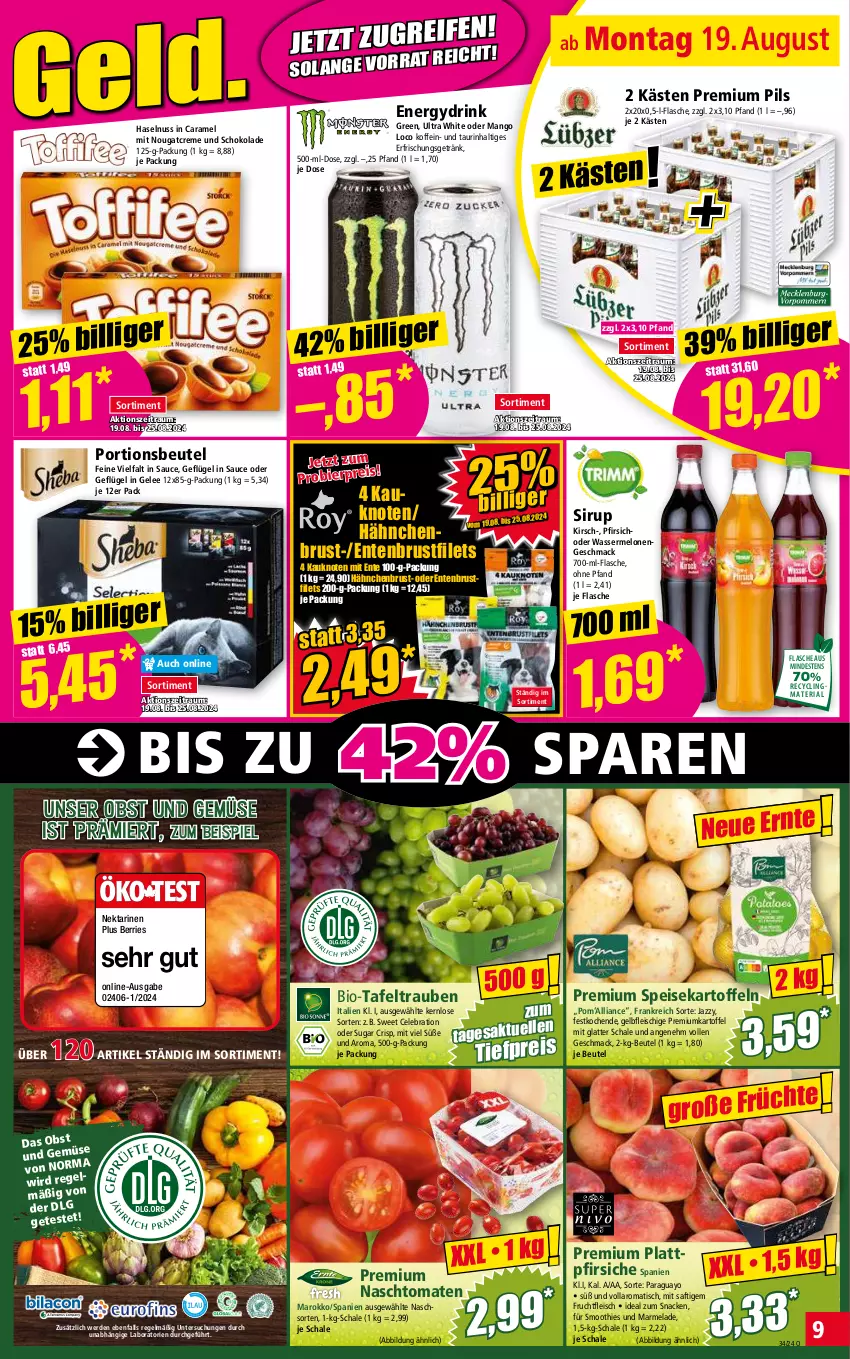 Aktueller Prospekt Norma - Norma - von 19.08 bis 26.08.2024 - strona 9 - produkty: beutel, bier, bio, brustfilet, caramel, Clin, creme, drink, eis, ente, Entenbrust, erde, erfrischungsgetränk, filet, filets, flasche, fleisch, frucht, fruchtfleisch, Geflügel, gelee, getränk, hähnchenbrust, haselnuss, kartoffel, kartoffeln, kirsch, latte, LG, mac, mango, marmelade, melone, melonen, Nektar, nektarinen, Nougatcreme, nuss, obst, Obst und Gemüse, pfirsich, pfirsiche, pils, plattpfirsiche, portionsbeutel, premium pils, recyclingmaterial, reis, Ria, saft, sauce, Schal, Schale, schoko, schokolade, sirup, smoothie, smoothies, snack, speisekartoffeln, tafeltrauben, Ti, tiefpreis, tisch, tomate, tomaten, trauben, und gemüse, wasser, wassermelone, wassermelonen, Yo