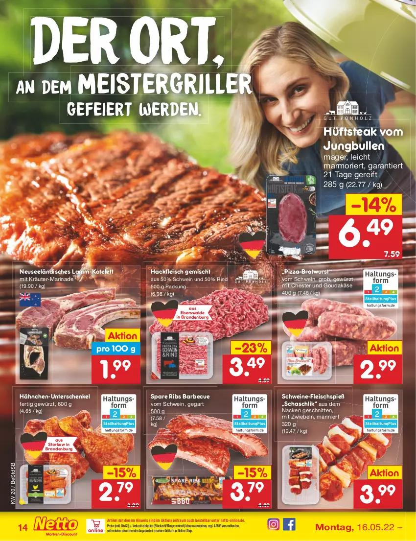 Aktueller Prospekt Netto Marken-Discount - Filial-Angebote - von 16.05 bis 21.05.2022 - strona 14 - produkty: barbecue, bratwurst, eier, eis, erde, fleisch, gewürz, gouda, grill, hackfleisch, hackfleisch gemischt, henkel, hüftsteak, jungbullen, Käse, kotelett, kräuter, lamm, marinade, Meister, mit zwiebeln, ndk, pizza, reis, rind, schenkel, schnitten, schwein, schweine, spare ribs, steak, Ti, wein, weine, wurst, zwiebel, zwiebeln