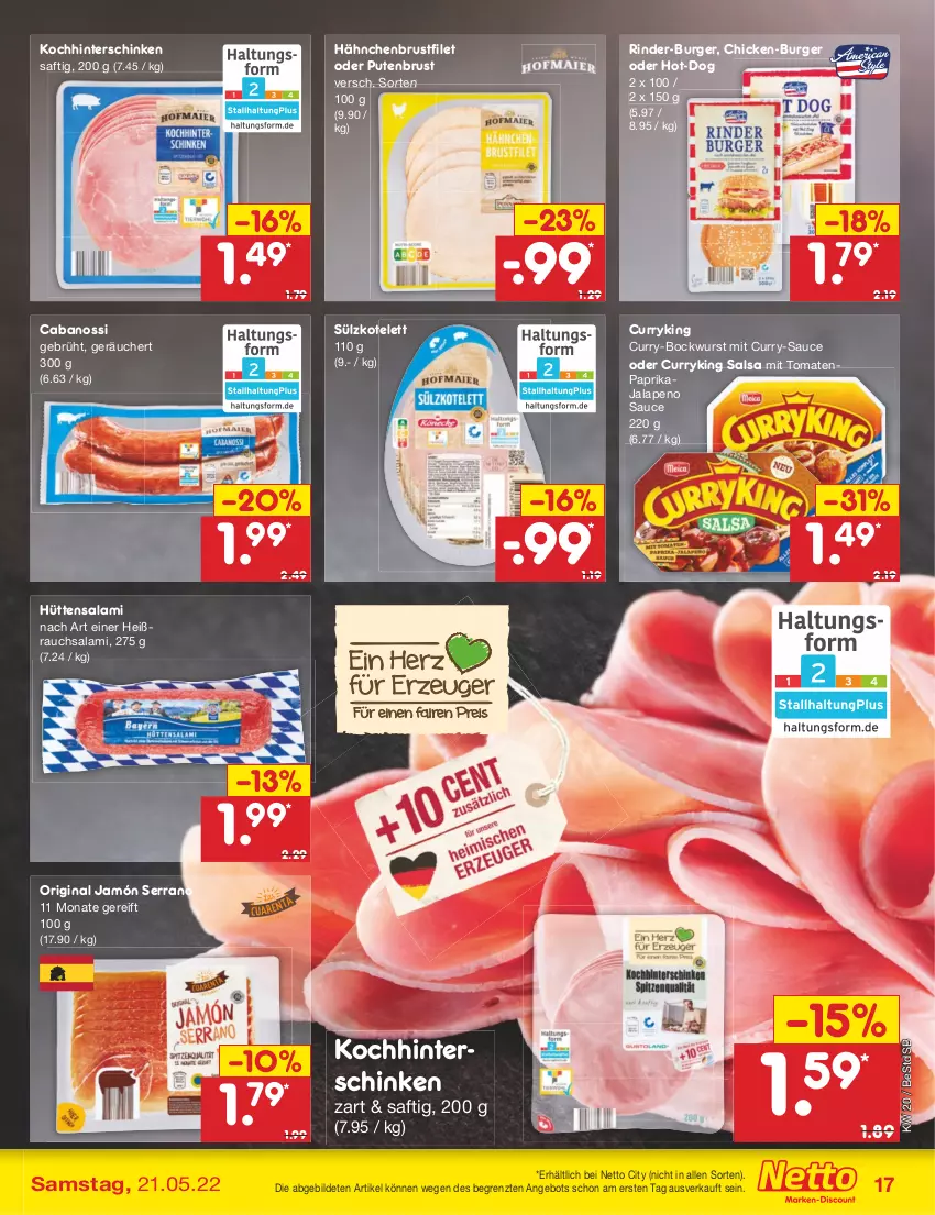 Aktueller Prospekt Netto Marken-Discount - Filial-Angebote - von 16.05 bis 21.05.2022 - strona 17 - produkty: angebot, bockwurst, brustfilet, burger, Cabanossi, curry, filet, gin, hähnchenbrust, hähnchenbrustfilet, hinterschinken, jamón serrano, kotelett, paprika, pute, putenbrust, Rauch, rind, rinder, saft, salami, Salsa, sauce, schinken, serrano, Ti, tomate, tomaten, wurst, ZTE