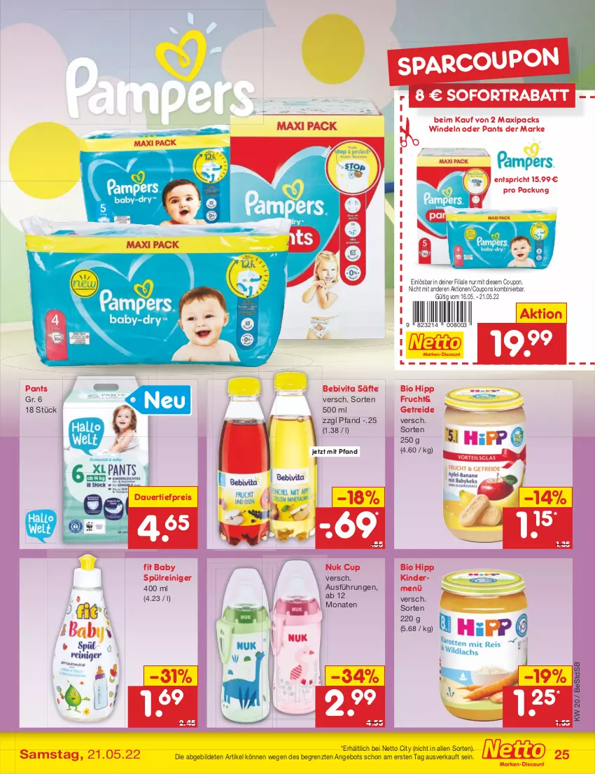 Aktueller Prospekt Netto Marken-Discount - Filial-Angebote - von 16.05 bis 21.05.2022 - strona 25 - produkty: angebot, auer, bebivita, bio, coupon, coupons, dauertiefpreis, eis, frucht, hipp, Kinder, nuk, Pants, reiniger, reis, säfte, sofortrabatt, Ti, tiefpreis, vita, windeln, windeln oder pants, ZTE