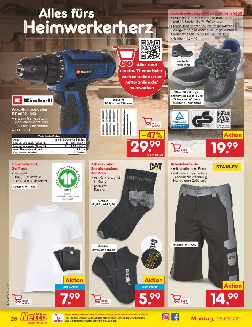 Aktueller Prospekt Netto Marken-Discount - Filial-Angebote - von 16.05 bis 21.05.2022 - strona 26 - produkty: akku, akku-bohrschrauber, asti, Bau, baumwolle, bermuda, bio, Bohrschrauber, eis, elle, Handy, kraft, ndk, reis, Ria, schrauben, schuhe, scotch, shirt, sneaker, sneakersocken, socken, Tasche, taschen, Ti, tisch, wasser, werkzeug, wolle