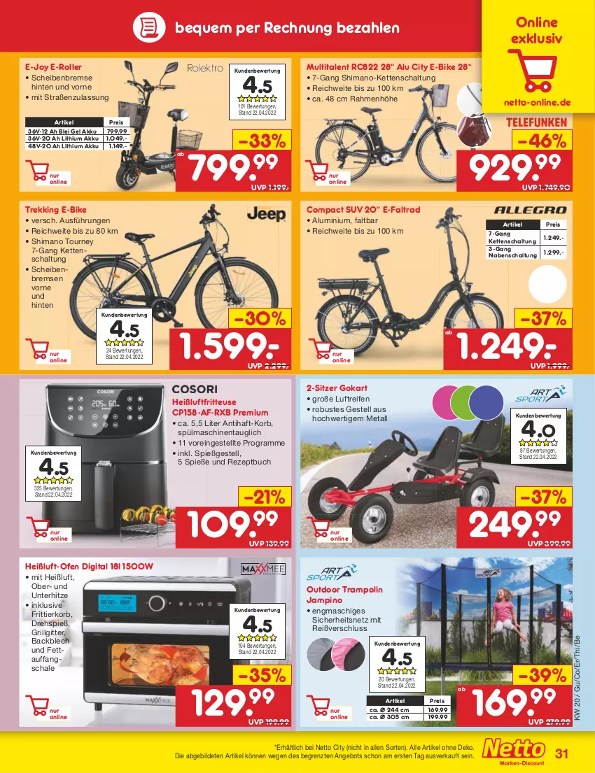 Aktueller Prospekt Netto Marken-Discount - Filial-Angebote - von 16.05 bis 21.05.2022 - strona 31 - produkty: akku, angebot, buch, E-Bike, E-Roller, eis, fritteuse, Frittierkorb, grill, Heißluftfritteuse, Kette, korb, LG, Ofen, reifen, reis, rezept, Roller, Schal, Schale, shimano, spülmaschinen, Ti, Trampolin, ZTE