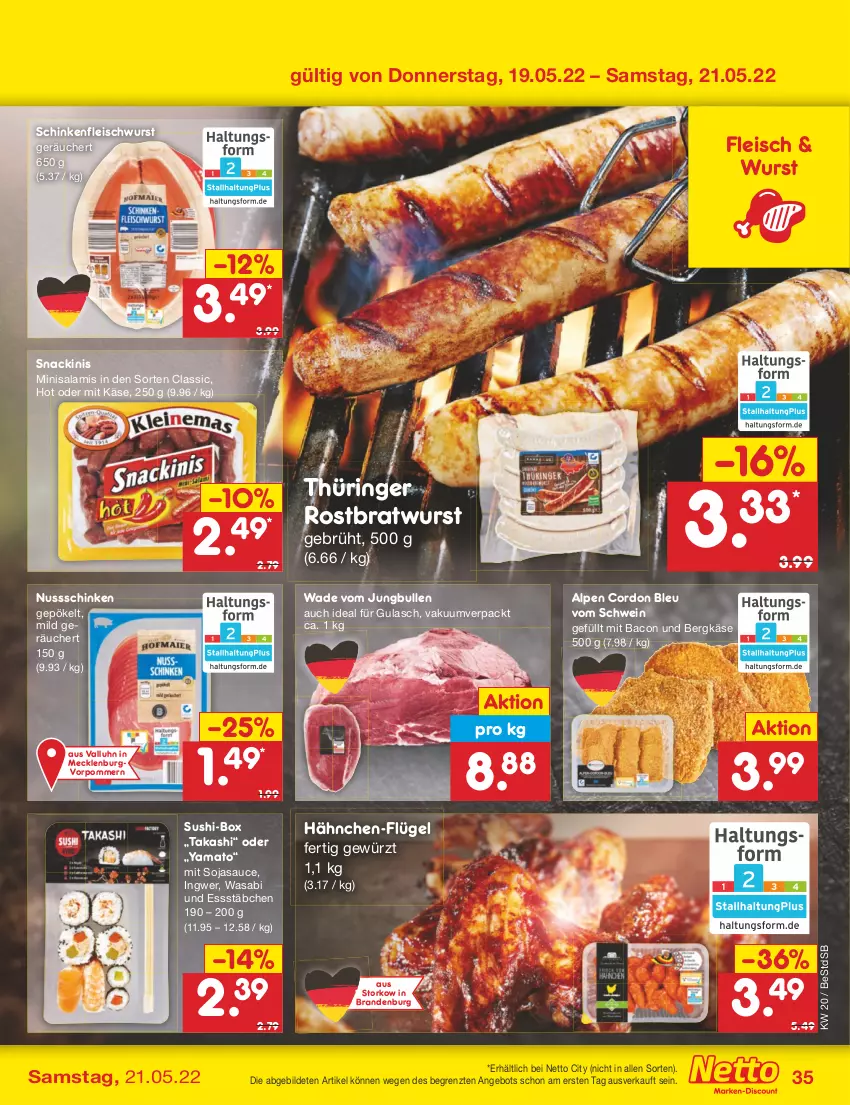 Aktueller Prospekt Netto Marken-Discount - Filial-Angebote - von 16.05 bis 21.05.2022 - strona 35 - produkty: angebot, bacon, Bergkäse, bratwurst, cordon bleu, eis, fleisch, fleischwurst, gewürz, gulasch, ingwer, jungbullen, Käse, nuss, ring, rostbratwurst, salami, sauce, schinken, schinkenfleischwurst, schwein, snack, soja, sojasauce, Sushi, thüringer rostbratwurst, Ti, wasa, wein, wurst, ZTE