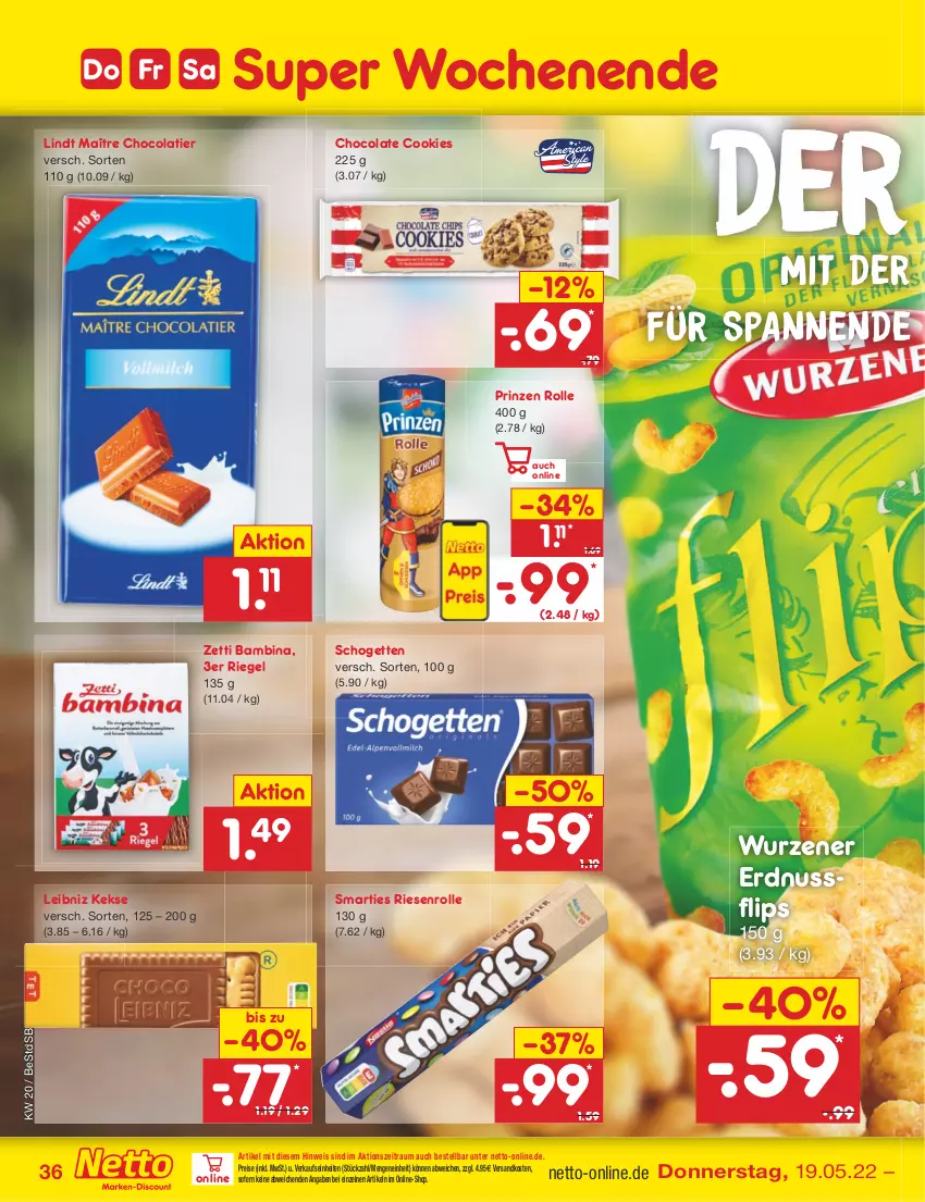 Aktueller Prospekt Netto Marken-Discount - Filial-Angebote - von 16.05 bis 21.05.2022 - strona 36 - produkty: cola, cookie, cookies, eis, erdnuss, keks, kekse, leibniz, lindt, ndk, nuss, prinzen rolle, reis, riegel, schogetten, smarties, Ti