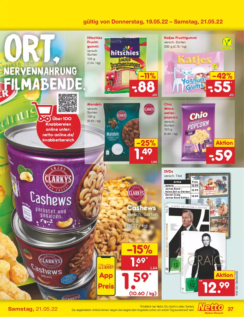 Aktueller Prospekt Netto Marken-Discount - Filial-Angebote - von 16.05 bis 21.05.2022 - strona 37 - produkty: angebot, Cashew, dvd, eis, elle, frucht, fruchtgummi, katjes, mab, mandel, mandeln, mikrowelle, popcorn, reis, Ti, ZTE