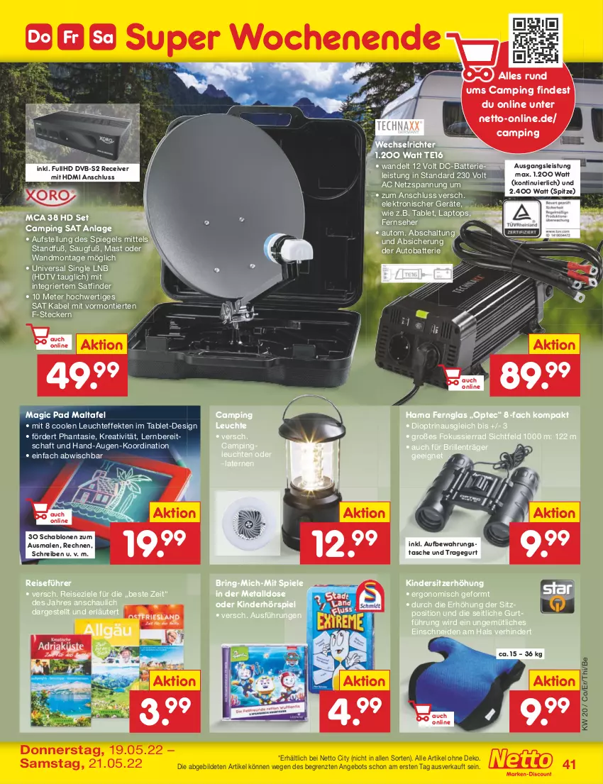 Aktueller Prospekt Netto Marken-Discount - Filial-Angebote - von 16.05 bis 21.05.2022 - strona 41 - produkty: angebot, aufbewahrungstasche, auto, batterie, Brille, dvb, dvb-s2, eis, Elektro, Fernglas, fernseher, hama, HDMI, Kinder, Kindersitz, Laptop, laterne, Leuchte, leuchten, Receiver, reis, ring, Schal, Sierra, Sitzerhöhung, spiegel, Spiele, tablet, Tasche, Ti, ZTE