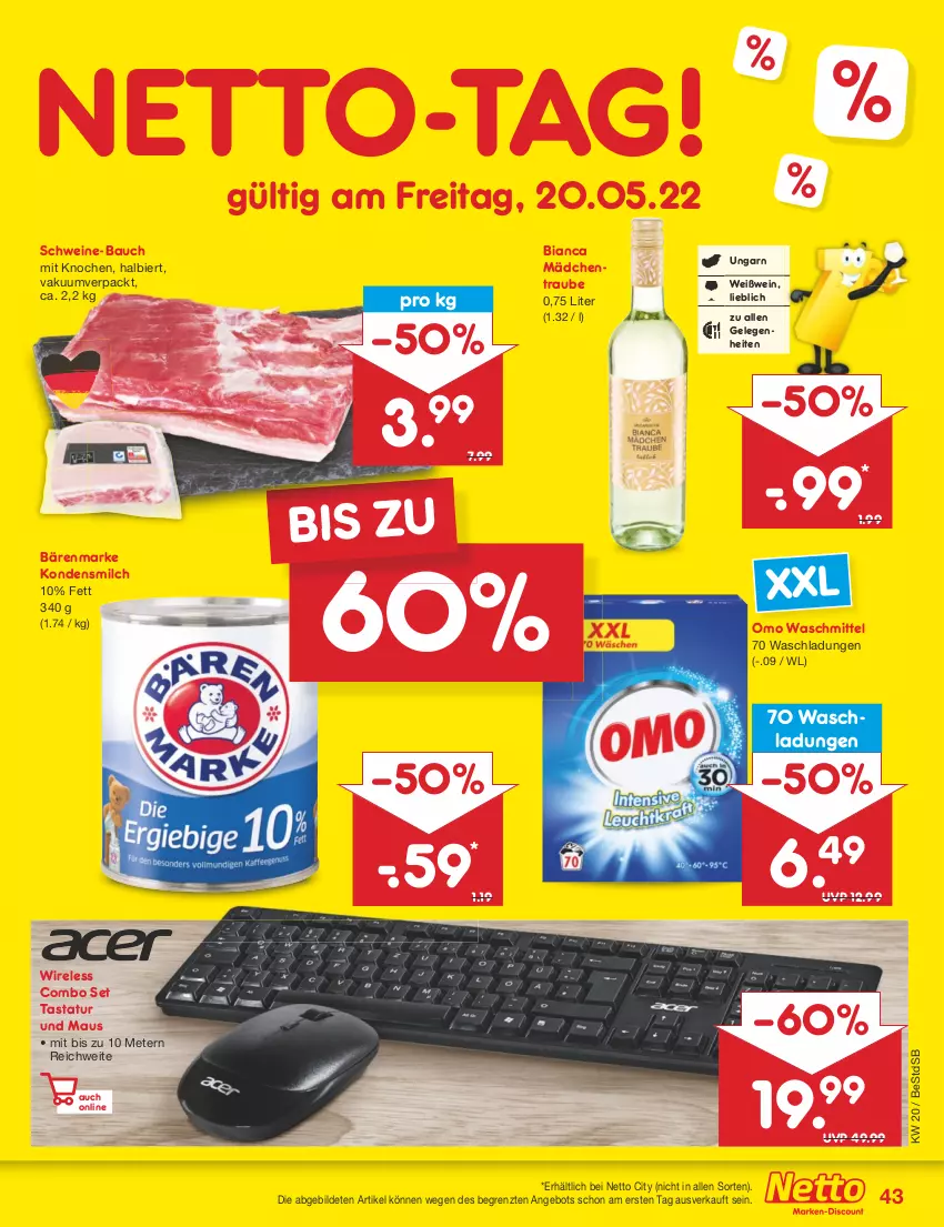 Aktueller Prospekt Netto Marken-Discount - Filial-Angebote - von 16.05 bis 21.05.2022 - strona 43 - produkty: angebot, bärenmarke, Bau, bier, kondensmilch, Maus, milch, rel, schwein, schweine, schweine-bauch, Tastatur, Ti, waschmittel, wein, weine, Weißwein, ZTE