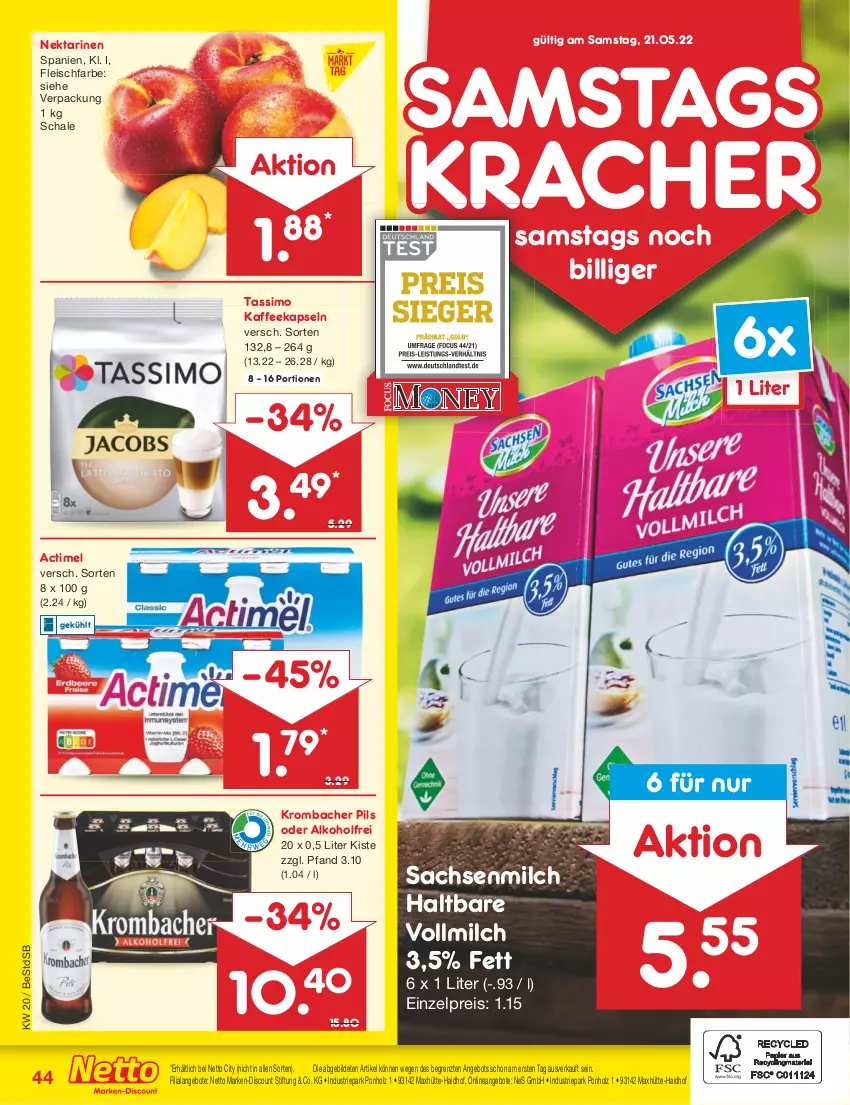 Aktueller Prospekt Netto Marken-Discount - Filial-Angebote - von 16.05 bis 21.05.2022 - strona 44 - produkty: actimel, alkohol, angebot, angebote, discount, eis, fleisch, Holz, kaffee, kaffeekapseln, kracher, krombache, krombacher, krombacher pils, marken-discount, milch, Nektar, nektarinen, pils, reis, sac, Schal, Schale, sim, tassimo, Ti, vollmilch, ZTE